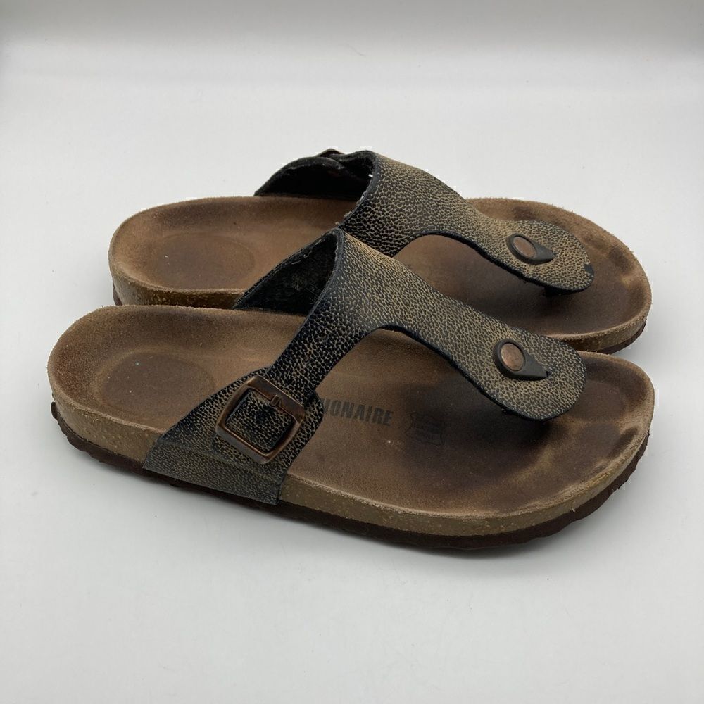 Cushionaire Leather T-Strap Sandals Size 9M Black/Gold Color